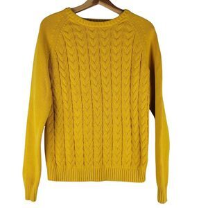 Lands End Drifter Sweater Womens Medium Cable Knit Fisherman Gold Bright Yellow